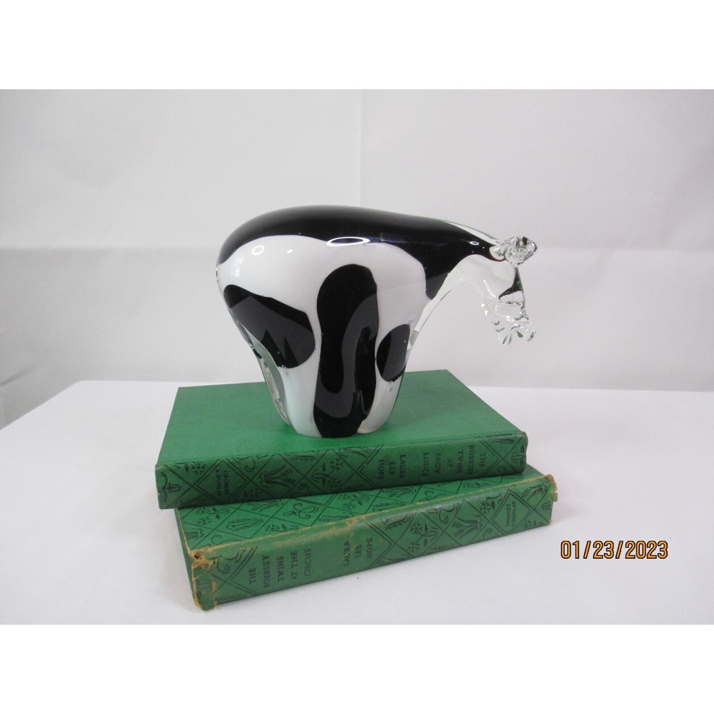 Vintage Hand Blown Art Glass Spotted Cow Heavy Murano Style Figurine Sculpture